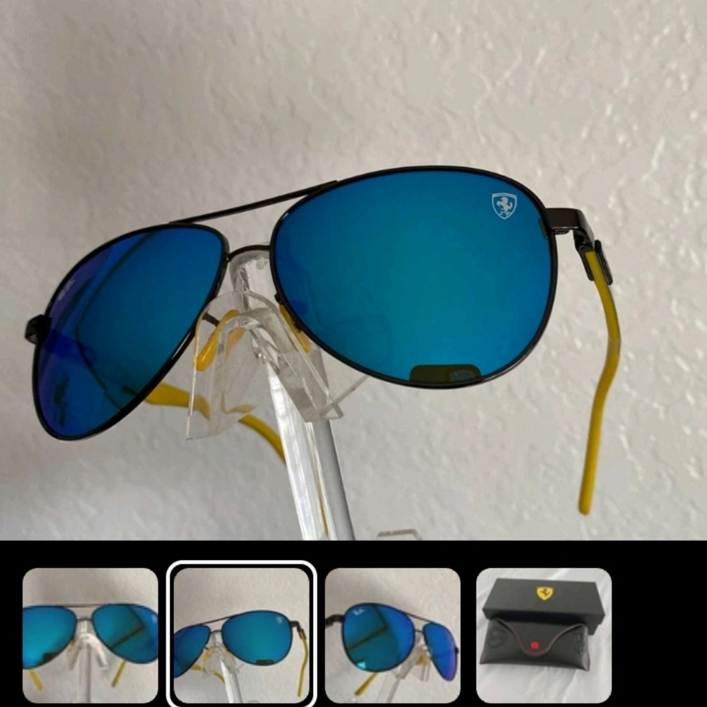 Ray-Ban Scuderia Ferrari Aviator Sunglasses with Blue Lenses and Yellow Temples - Picture 2 of 10